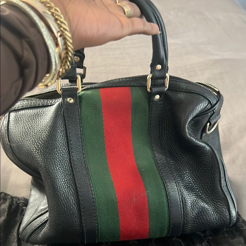 Gucci Black Leather Satchel with Green and Red Web Stripe - Picture 2 of 5